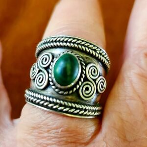 Sterling Malachite Wide Boho Bali Style Cigar Band Ring sz 8